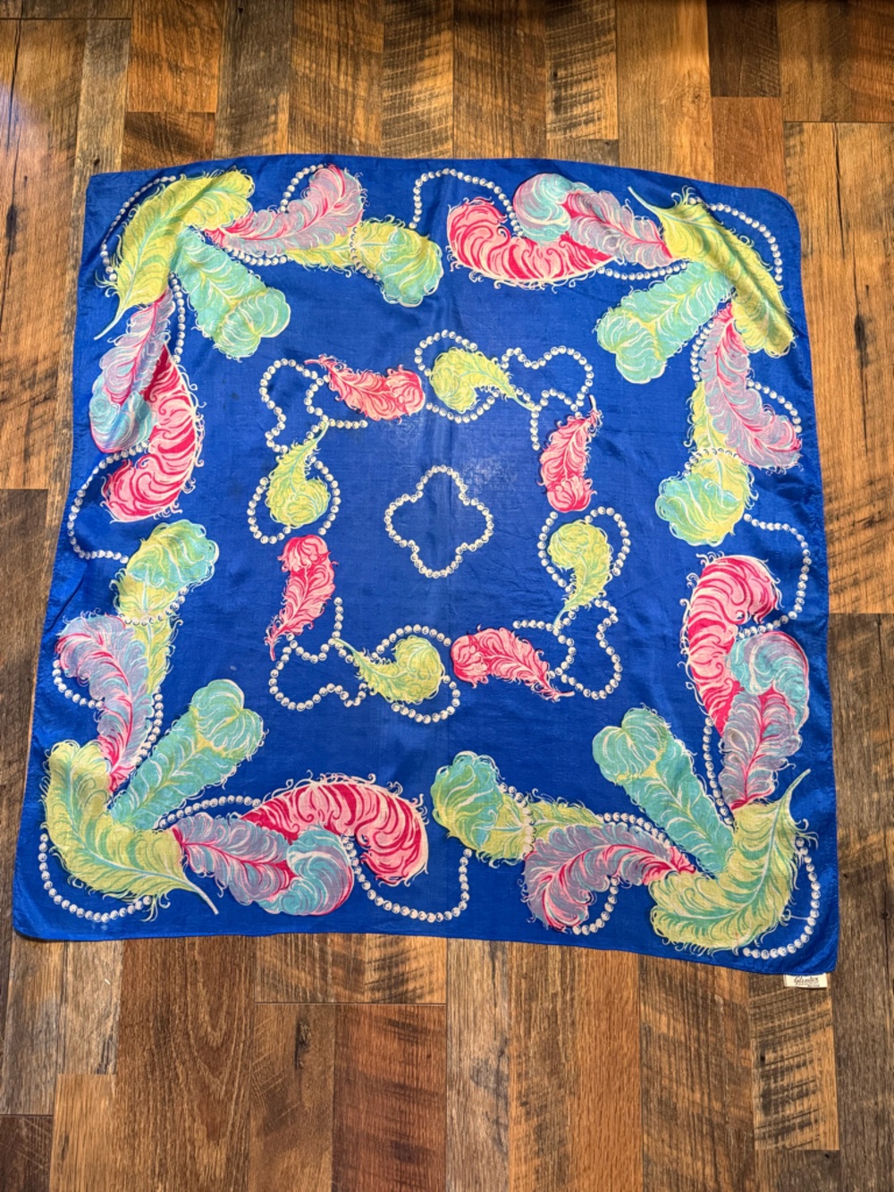 Vintage All Silk Scarf Glentex Vibrant Pearls Feather